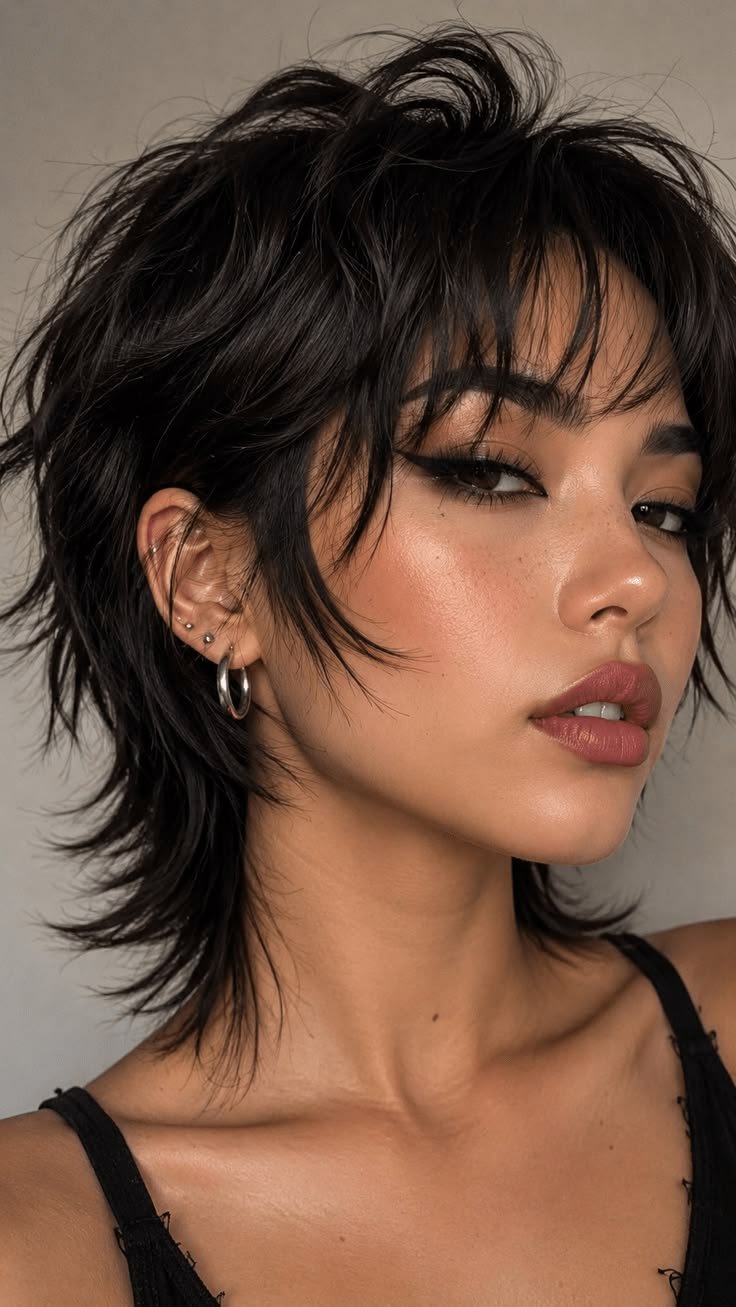 A curly vampire haircut showing defined curls with layered volume around the face and crown.