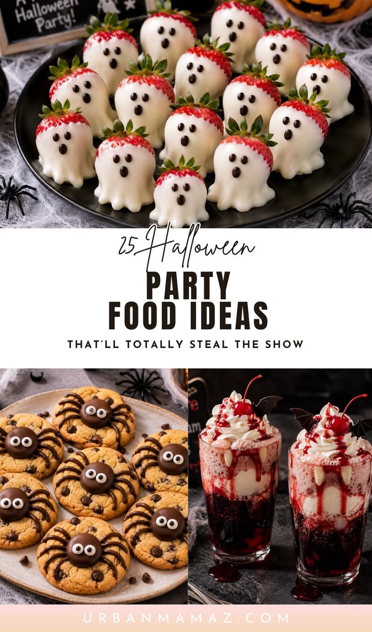 Ghostly mini pizzas arranged on a Halloween party food table