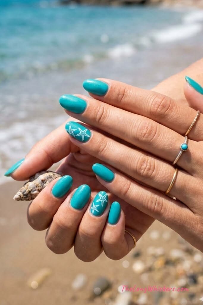 Sea inspired nails in purple and blue sunset colors