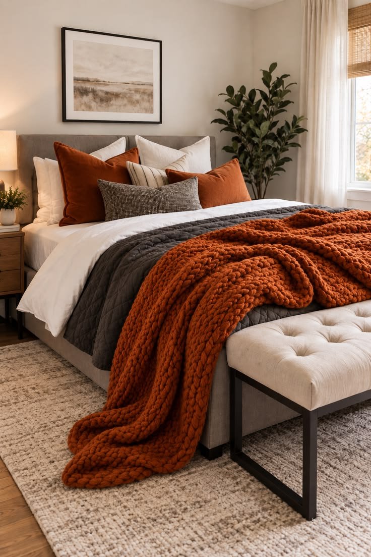 Chunky knit blanket over a rust orange fall bedding combo for maximum texture