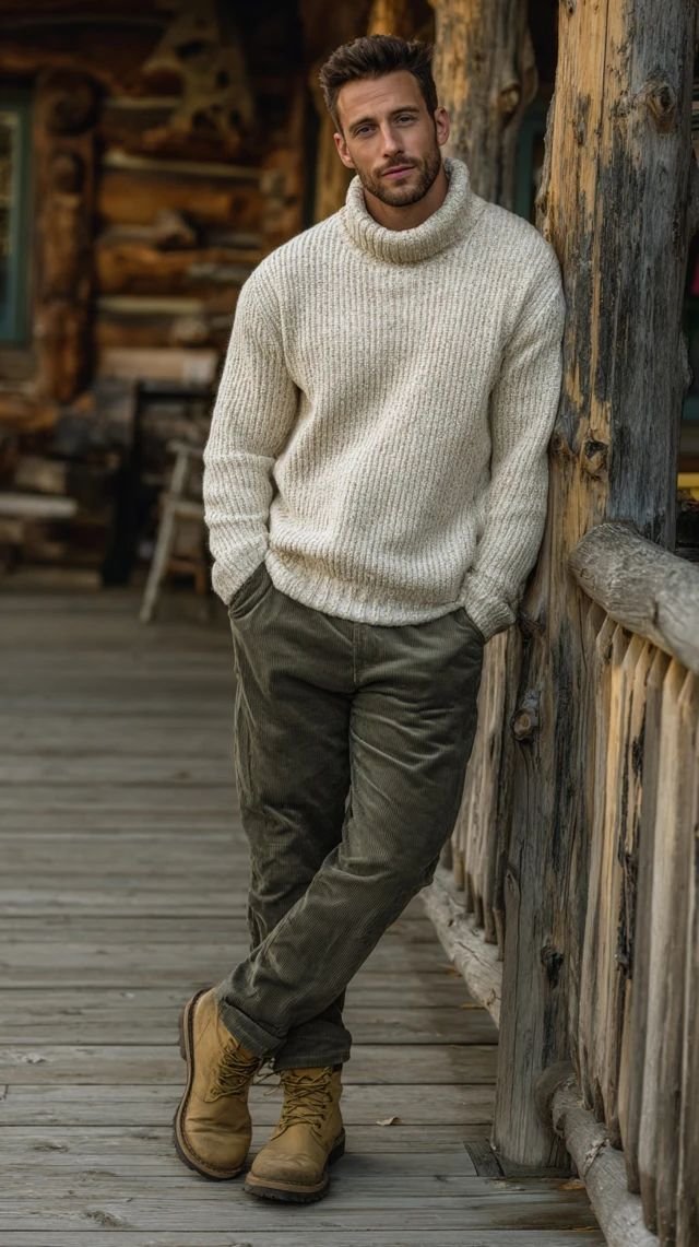 Woman in a brown puffer jacket, white sweater, and black pants, illustrating a practical brown winter outfit.